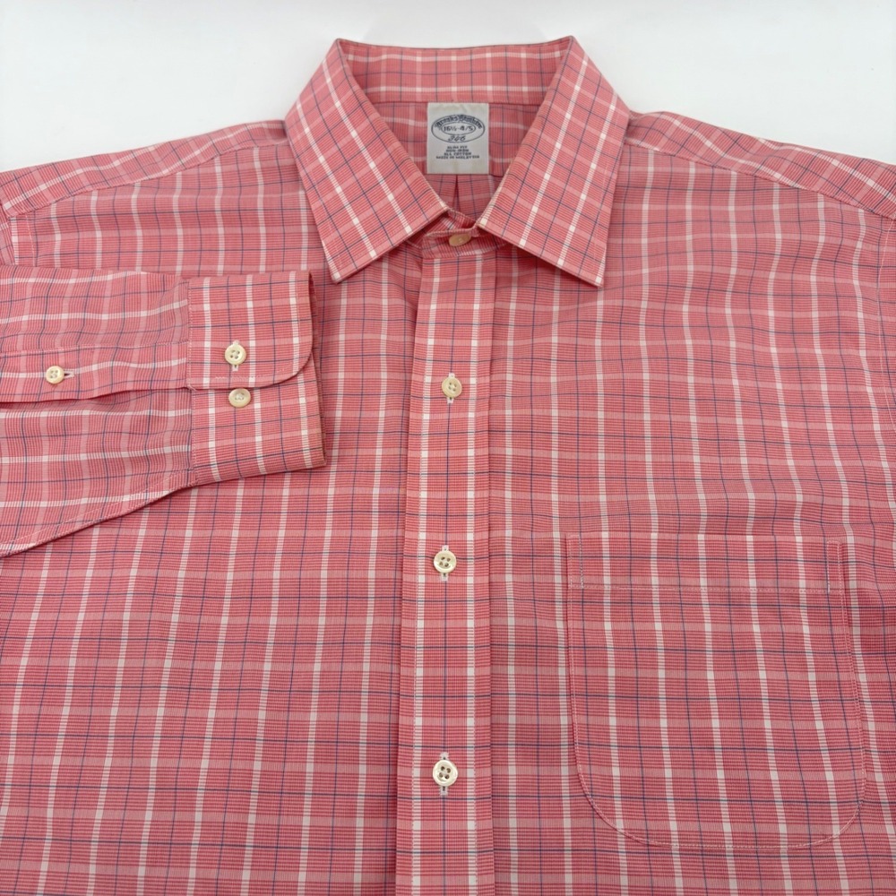 Brooks Brothers Mens Lt. Red Blue Plaid Shirt Long Sleeve Regular Fit 16 1/2-4/5